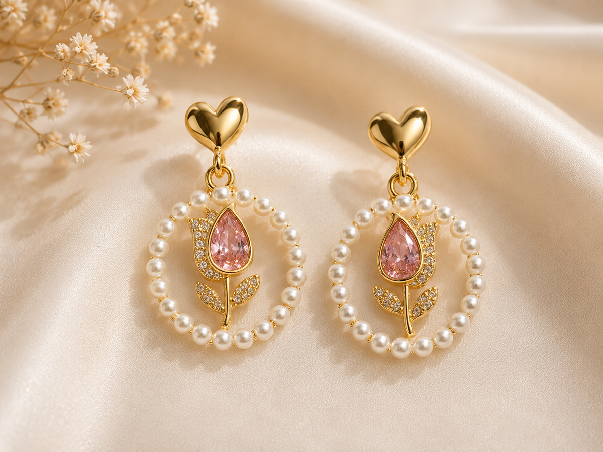 Pearl Rose Heart Drop Earrings