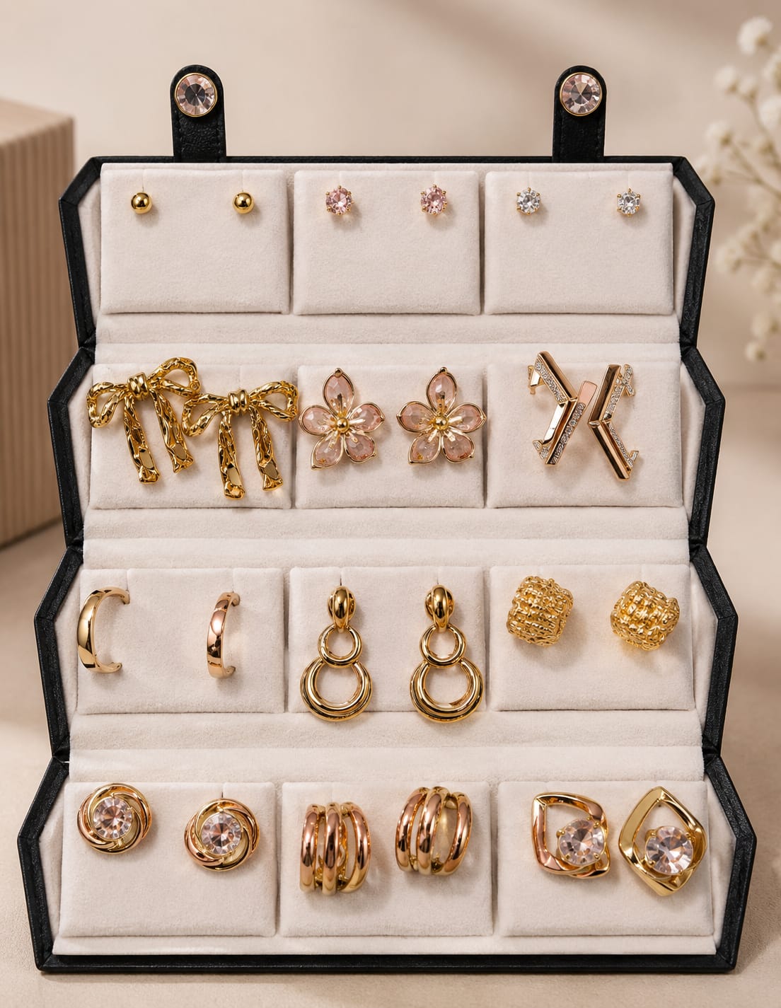 Set of 12 Oxidized Designer Stud Earrings with Folding Jewelry Box