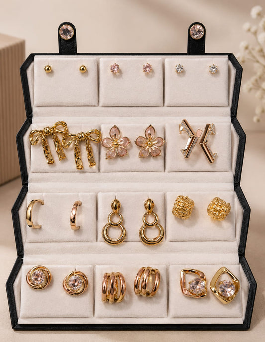 Set of 12 Oxidized Designer Stud Earrings with Folding Jewelry Box
